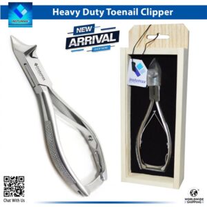 Professional curved moon shape heavy-duty toenail clipper for thick nails shown with its wooden storage box.