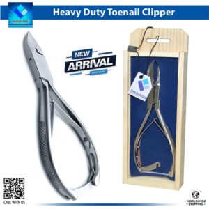 Professional stainless steel heavy-duty toenail clipper for podiatrists shown with its wooden storage box.