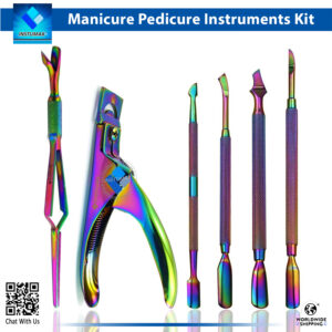 6-piece rainbow multi-color coated manicure kit including acrylic nail cutter and four dual-ended cuticle pushers.
