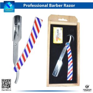 Professional barber straight razor with an American flag patterned handle shown next to its wooden gift box.
