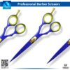 Professional blue hairdressing scissors with a golden tension screw and integrated gold finger rest.