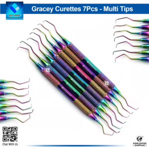 7-piece set of multi-color titanium coated Gracey curettes with hollow handles.