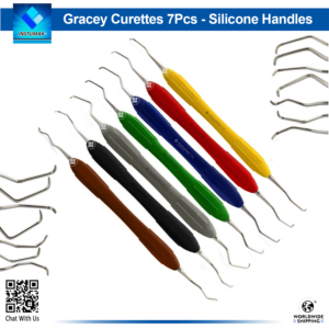 7-piece Gracey curette set with colorful silicone ergonomic handles and stainless steel tips.