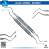 Pair of double-ended Lucas curettes with serrated handles for dental procedures.