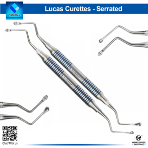 Pair of double-ended Lucas curettes with serrated handles for dental procedures.