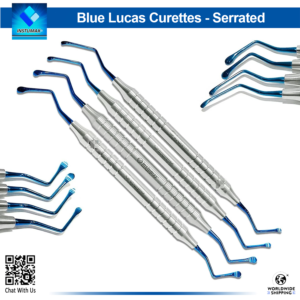 Set of 4 double-ended Lucas curettes with blue handle rings and serrated tips for dental surgery.