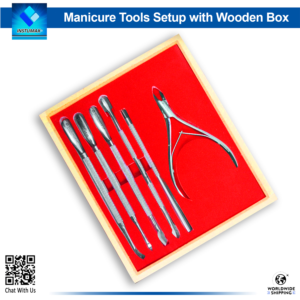6-piece professional manicure tools kit including cuticle nipper and pushers in a wooden box with a red insert.